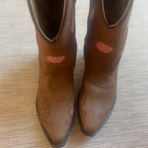 Brown and Pink Embroidered Women's Boots